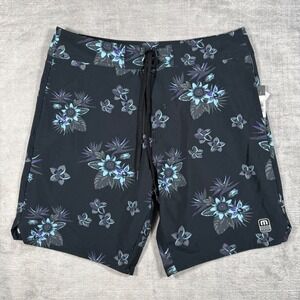 Travis Mathew Board Shorts Mens 32 Black Floral Tiki Time Stretch Swimtrunks NEW